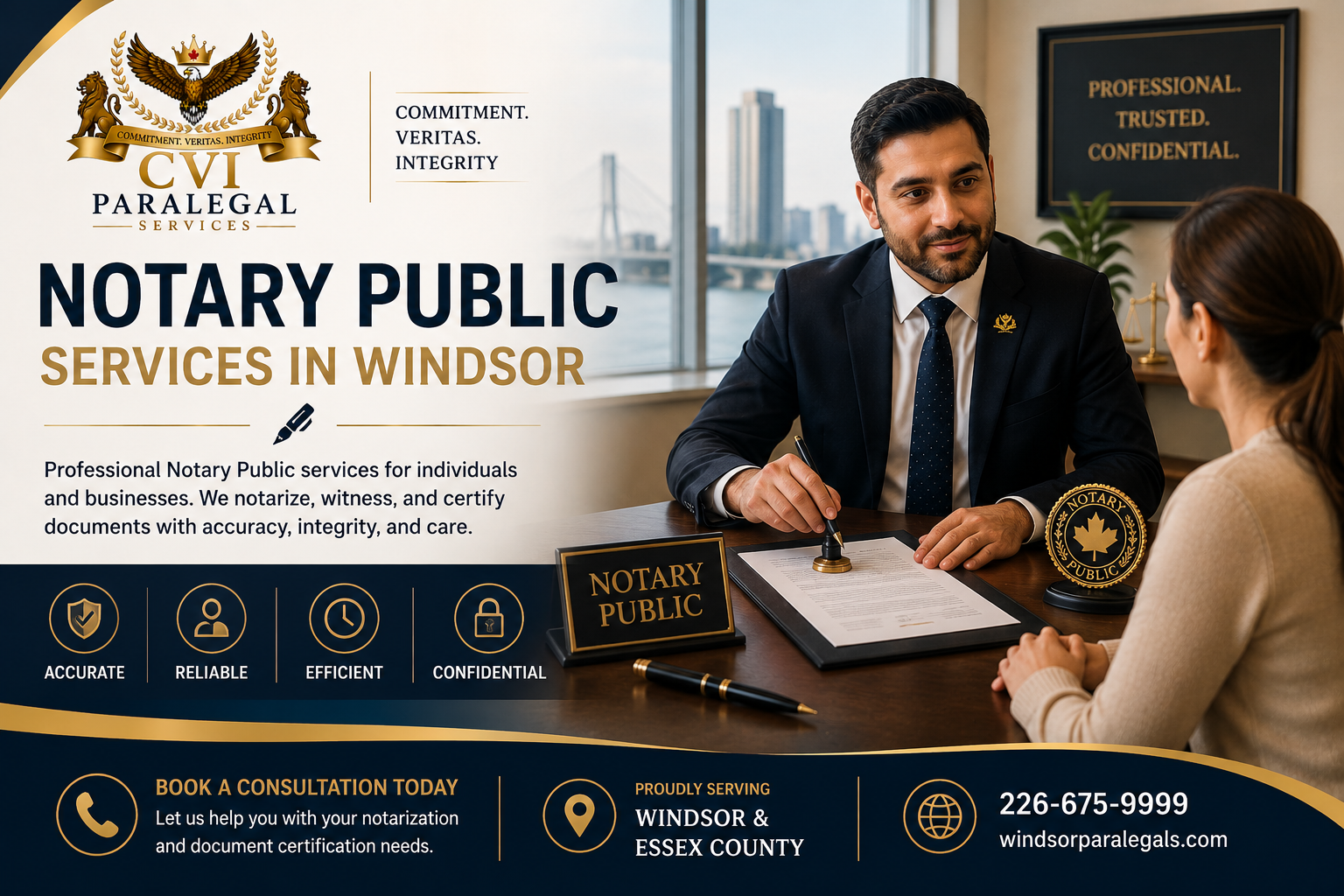 Notary Public services in Windsor by CVI Paralegal Services for document notarization, certified true copies, affidavits, and declarations